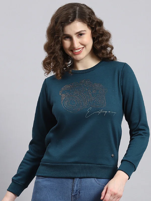 Women Teal Blue Printed Round Neck Full Sleeve Sweatshirt