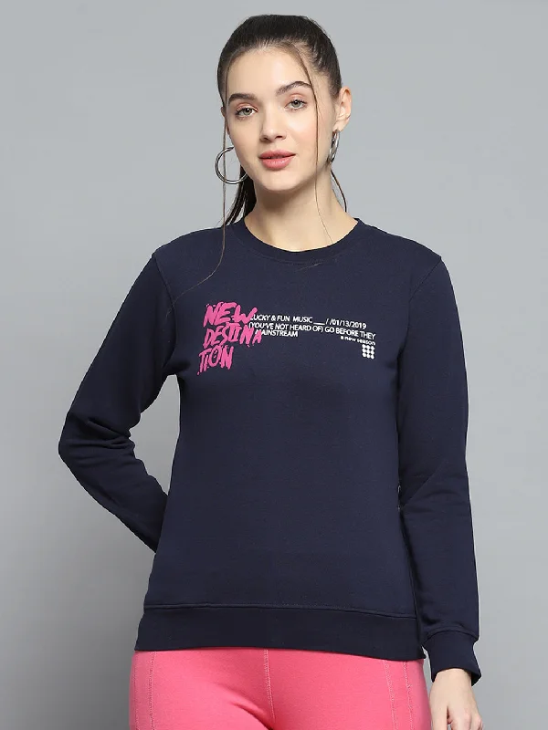 Women Navy Blue Printed Round Neck Full Sleeve Sweatshirt