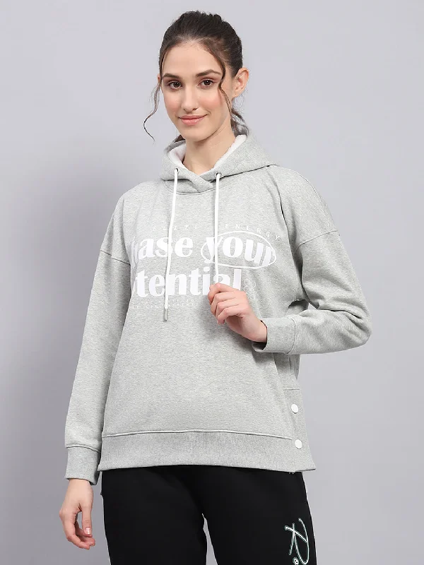 Women Grey Printed Hooded Full Sleeve Sweatshirt