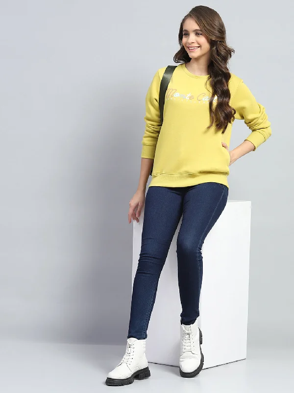 Women Yellow Printed Round Neck Full Sleeve Sweatshirt