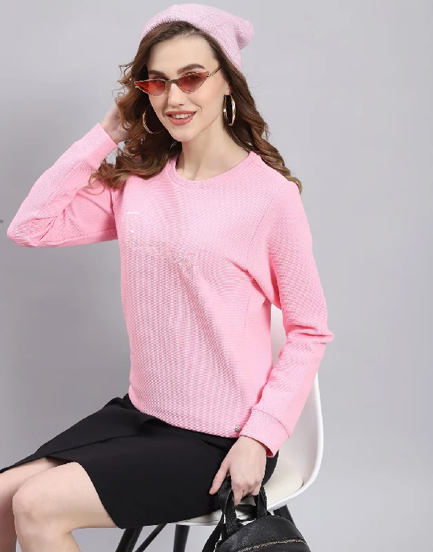 Women Pink Self Design Round Neck Full Sleeve Sweatshirt