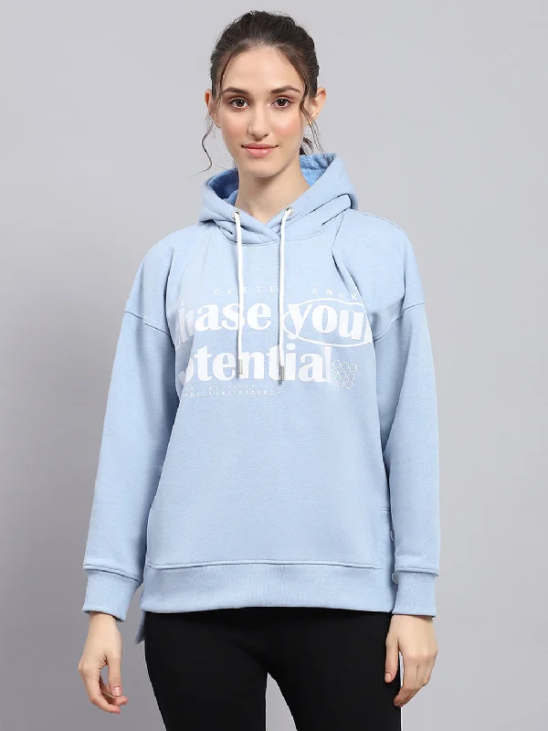 Women Sky Blue Printed Hooded Full Sleeve Sweatshirt