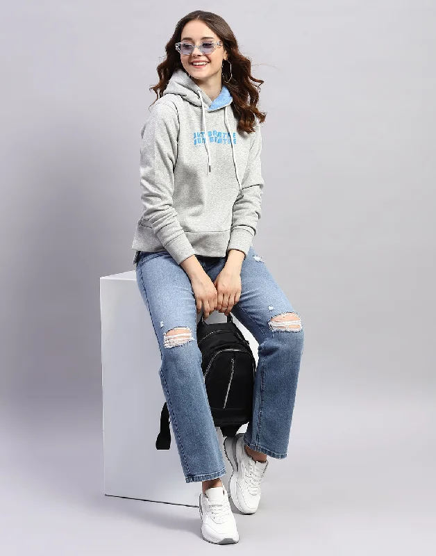 Women Grey Solid Hooded Full Sleeve Sweatshirt