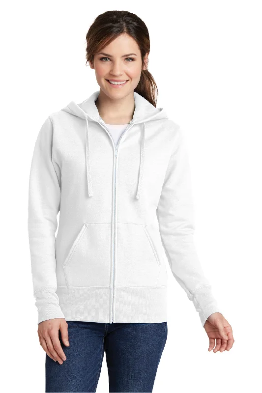 Port & Company Womens Core Pill Resistant Fleece Full Zip Hooded Sweatshirt Hoodie w/ Pockets - White