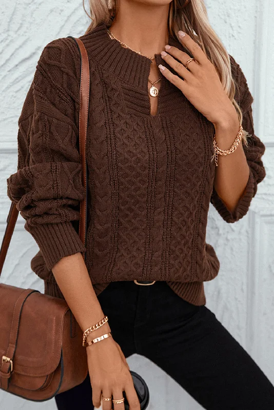 Coffee Twisted V-Neck Loose Casual Knit Sweater