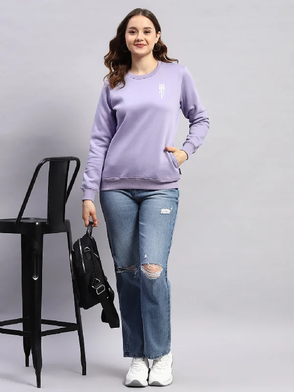 Women Purple Printed Round Neck Full Sleeve Sweatshirt