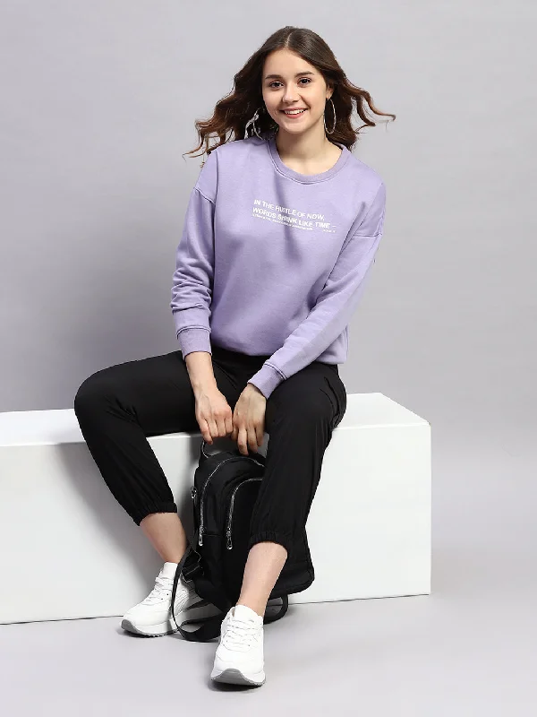 Women Purple Printed Round Neck Full Sleeve Sweatshirt