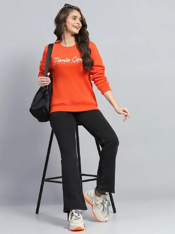 Women Orange Printed Round Neck Full Sleeve Sweatshirt