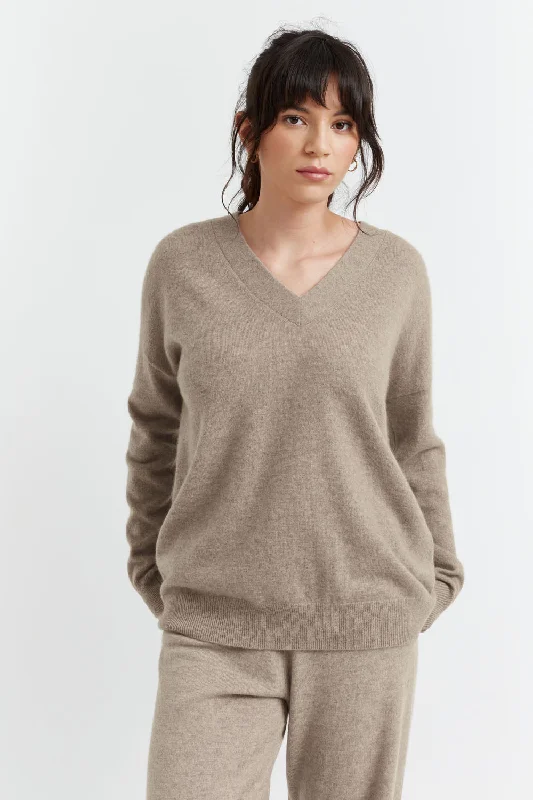 Soft-Truffle Cashmere V-Neck Sweater