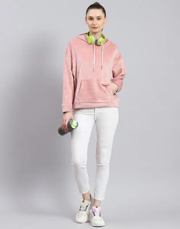 Women Peach Solid Hooded Full Sleeve Sweatshirt