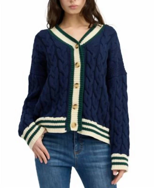 Spencer Cable Knit Cardigan In Navy/green