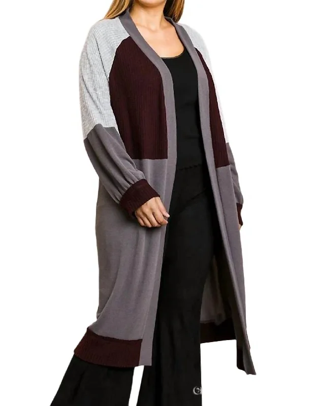 Color Block Ribbed Sweater Cardigan In Charcoal/wine