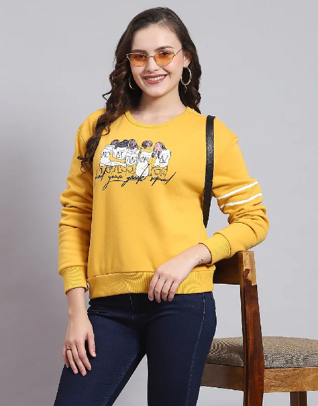 Women Yellow Printed Round Neck Full Sleeve Sweatshirt