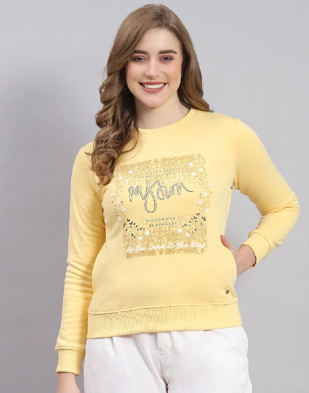 Women Yellow Printed Round Neck Full Sleeve Sweatshirt