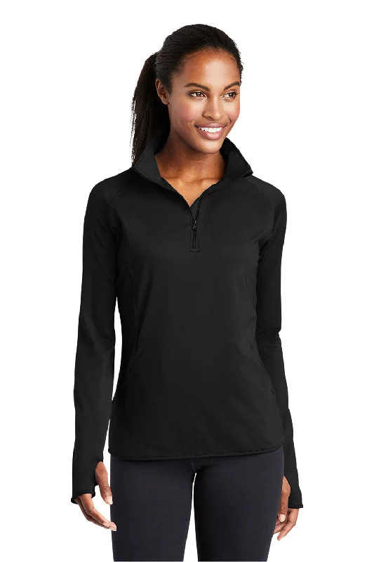 Sport-Tek Womens Sport-Wick Moisture Wicking 1/4 Zip Sweatshirt w/ Pouch Pocket - Black