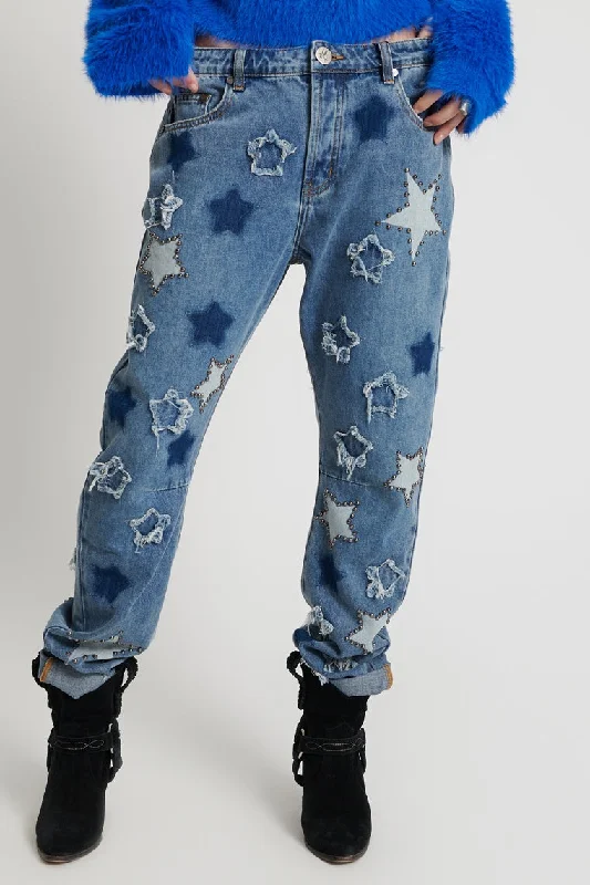 Soft Looks ONE TEASPOON Womens Johnny Blue Star Saints Boyfriend Jeans