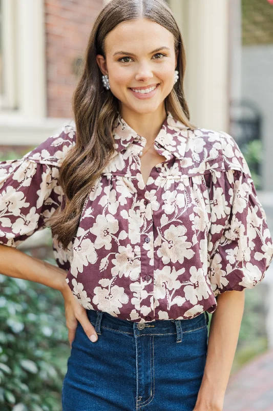 All-Day Style Better Than You Know Burgundy Floral Puff Sleeve Blouse