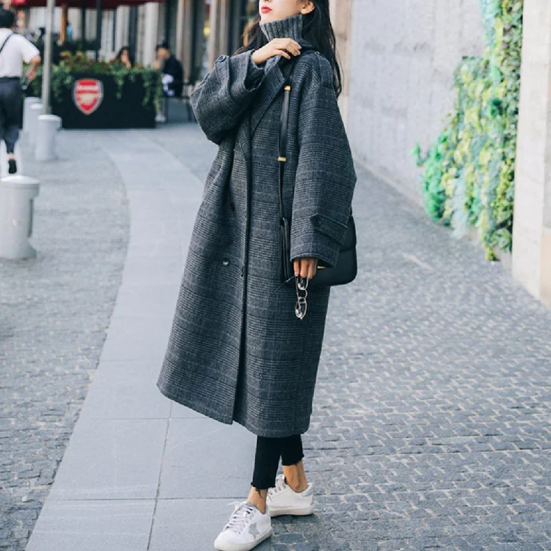 Babakud Double-Breasted Plaid Long Wool Coats