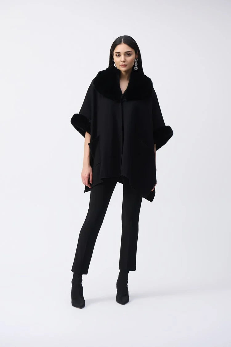 Joseph Ribkoff Black Brushed Jacquard and Faux Fur Cape