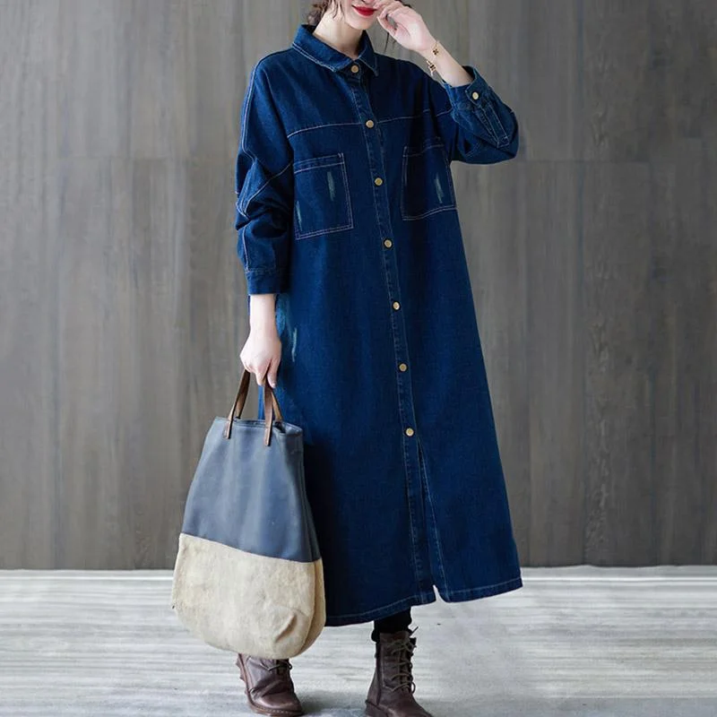 Spring Loose Casual Single- Breasted Mid- Length Denim Coat