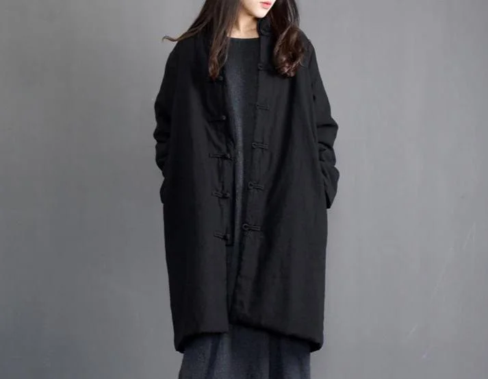 Women Padded Mid- Length Linen Cotton Thick Coat