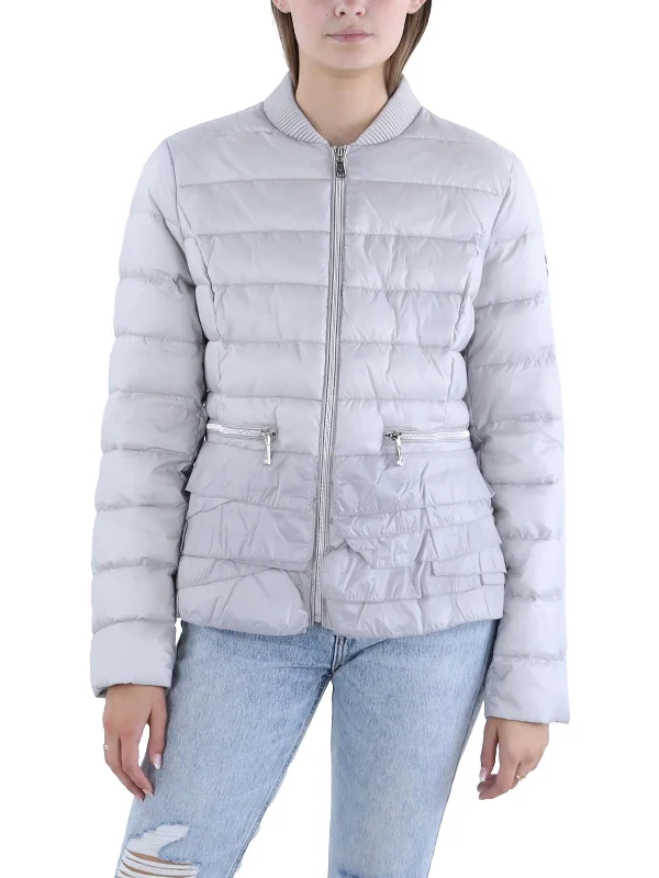 Womens Insulated Ruffled Trim Puffer Jacket