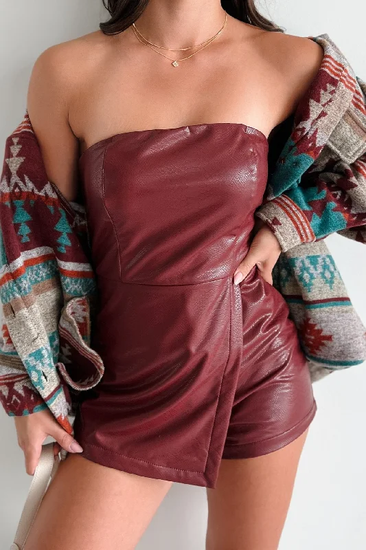 Snake In The Grass Faux Leather Snake Print Romper (Burgundy)