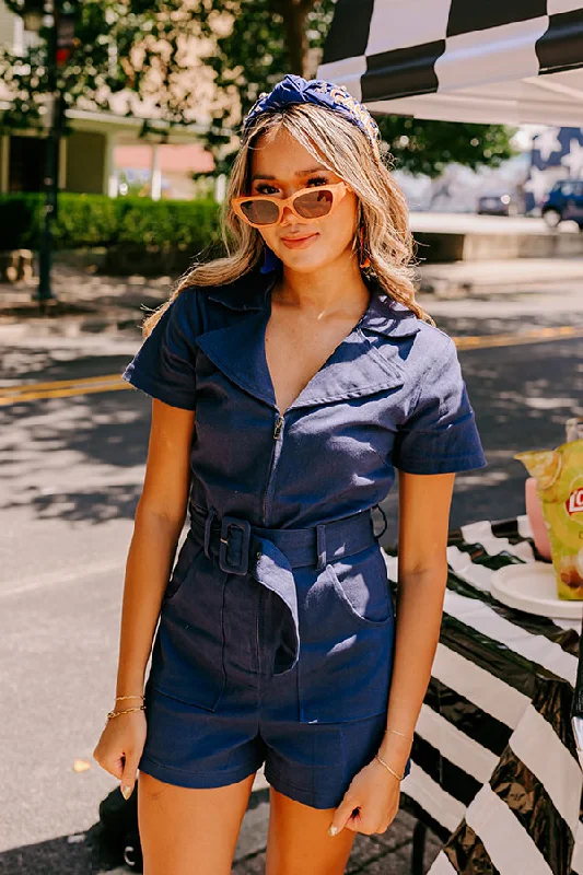 Stay Sophisticated Denim Romper In Navy