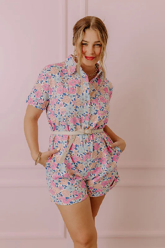 Sunny With A Chance of Blooms Denim Romper in Pink