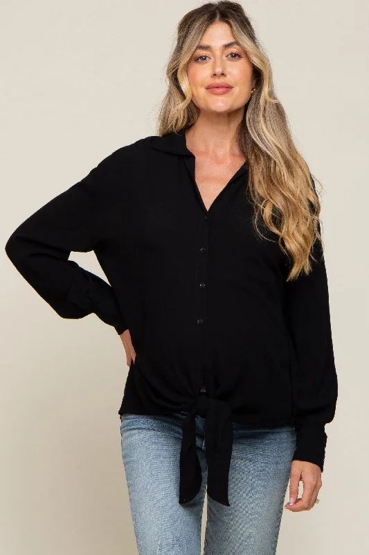 Black Collared Button Down Knotted Maternity Shirt