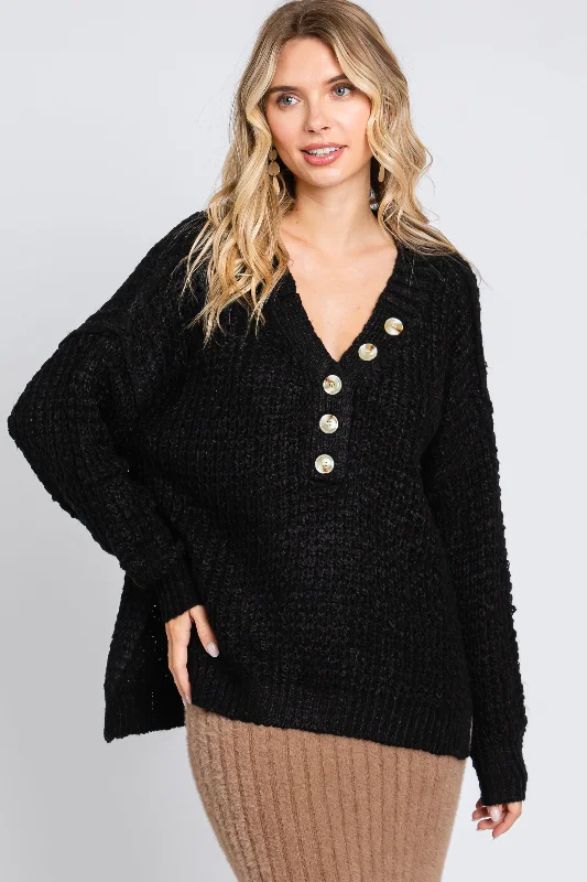 Black Henley Side Slit Sweater