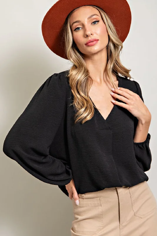 Black Long Puff Sleeve Blouse Top