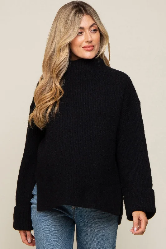 Black Mock Neck Chunky Knit Maternity Sweater