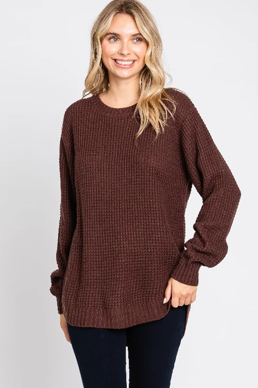 Brown Waffle Knit Round Hem Sweater