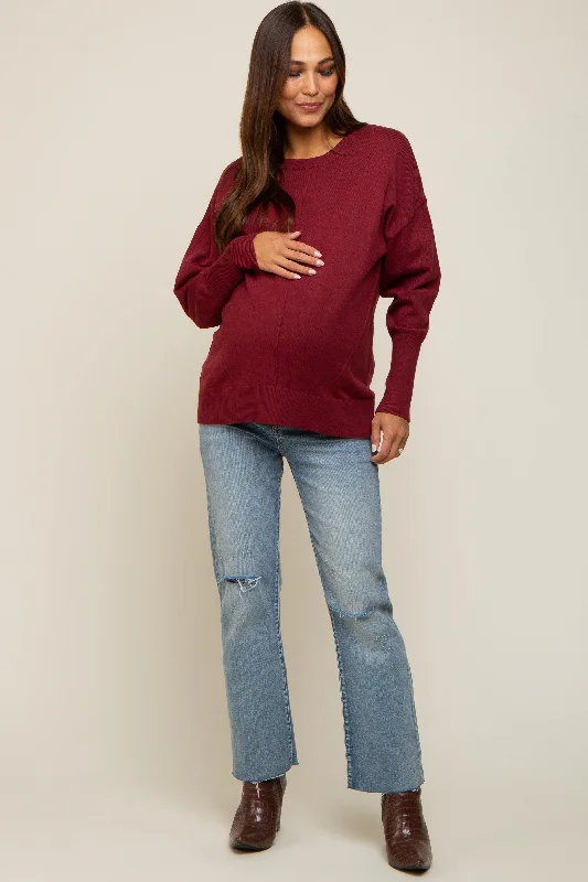 Burgundy Rib Knit Exposed Seam Maternity Sweater