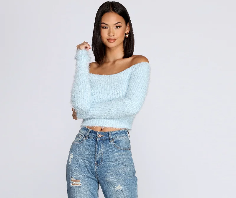 Off The Shoulder Eyelash Knit Top