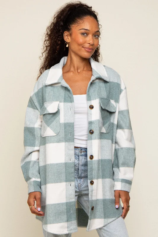 Grey Plaid Brushed Long Shacket