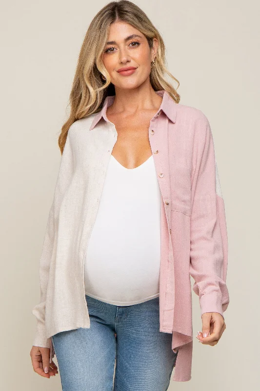 Light Pink Color Block Button Up Linen Maternity Top