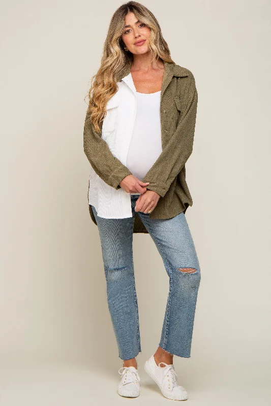 Olive Color Block Corduroy Button Down Maternity Top