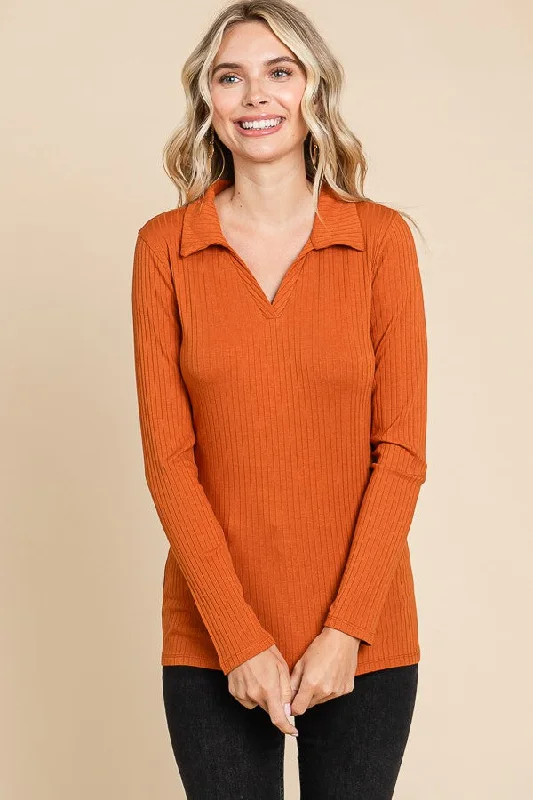 Rust Ribbed Collared Long Sleeve Top