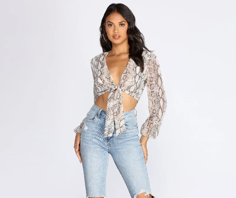 Snake Print Long Sleeve Crop Top