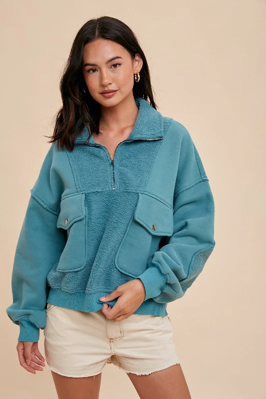 Teal Contrast Reversed Fleece 1/4 Zip Pullover