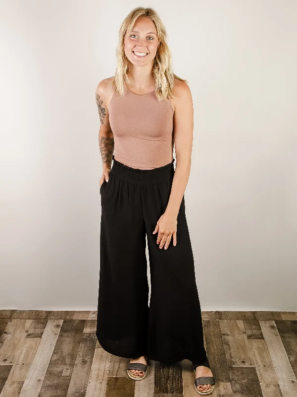 Flowy Smocked Waist Black Pants