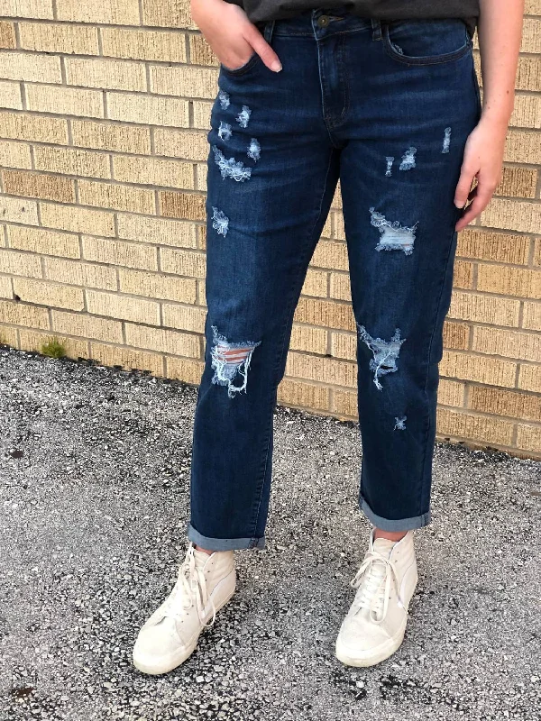 Mid-Rise Ripped Boyfriend Denim In Dark Wash